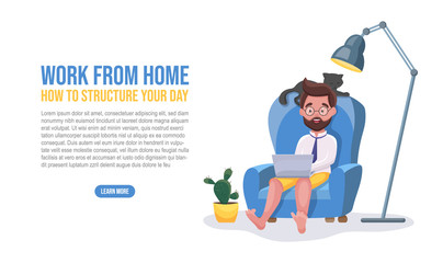 Freelancer working from home and connecting online, telework and online communications concept. Man work at home in the chair in the room with cat, plant, lamp. Vector flat cartoon illustration