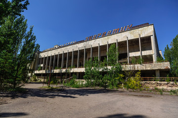 Fototapeta na wymiar Palace of Culture in abandoned ghost town of Pripyat, Chernobyl NPP alienation zone.