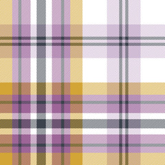 Seamless check plaid pattern. Summer tartan plaid large background in lilac purple, yellow gold mustard, white for flannel shirt, blanket, throw, duvet cover, or other textile print.