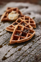 waffle with ice cream and caramel sauce..
