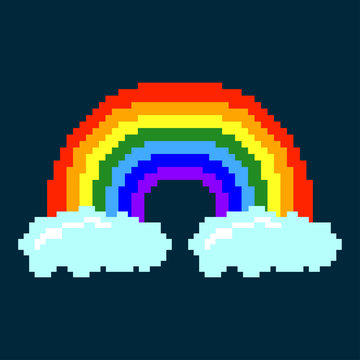 Beautiful pixel rainbow with clouds isolated on a dark blue background. Front view. Vector graphic illustration. Texture. Isolate.