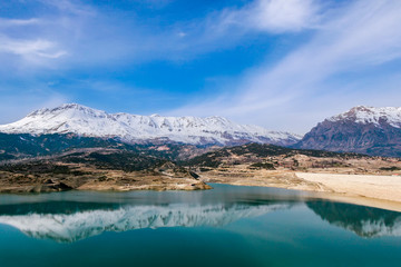 Antalya Gömbe Dam Lake and snowy mountain views