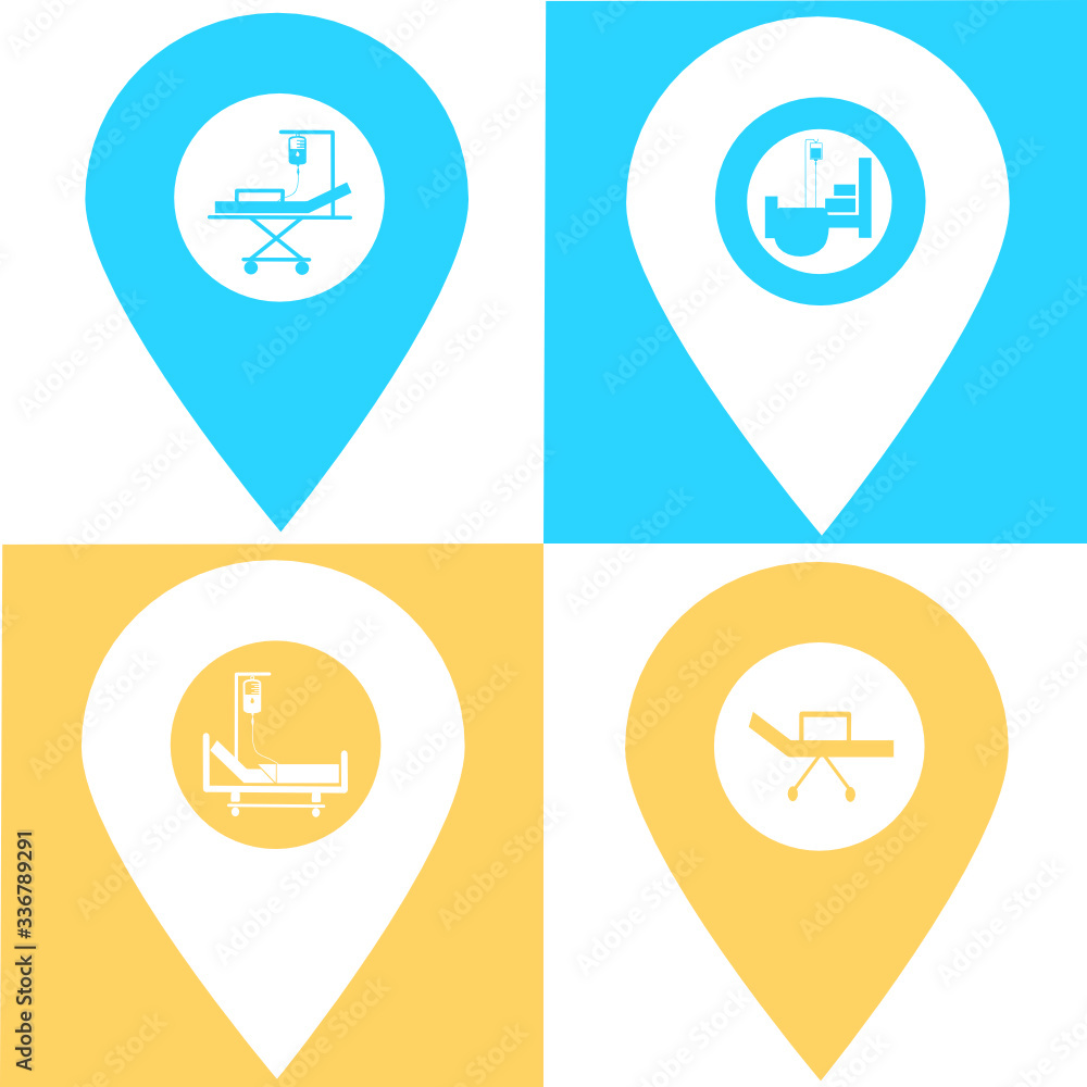 Poster set of hospital bed, wheel stretcher store location map pin pointer icon. element of map point for m