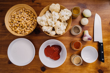 ingredients and spices on the table, cooking vegetarian dish