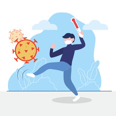 man kicking coronavirus and holding a thermometer
