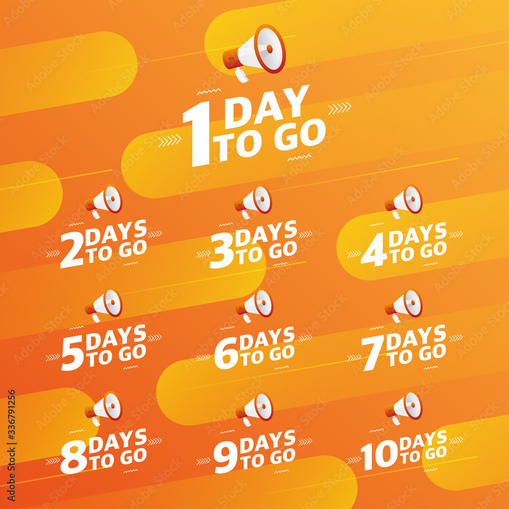 Poster megaphone number days to go countdown vector illustration template on orange designer background. ve