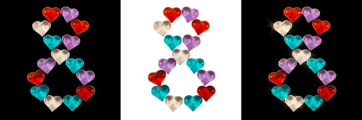 Isolated Font number 8 made of colorful glass hearts on white and black backgrounds and with sparkles