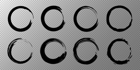 Set circles line textured hand drawn abstract of black color isolated on transparent background. Eight objects. Vector