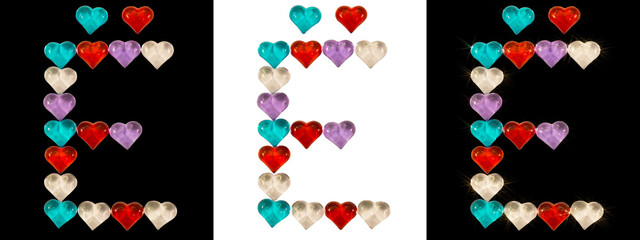 Isolated Font Russian Letter made of colorful glass hearts on white and black backgrounds and with sparkles