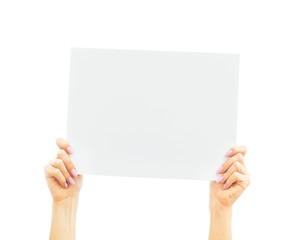 Woman hands holding empty poster for copy-space.