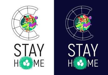 Naklejka na ściany i meble A friendly family - husband, wife, son and daughter on self-isolation at home. Stay home to fight the spread of the COVID-19 epidemic, vector isolated illustration, logo, banner, poster with an appeal