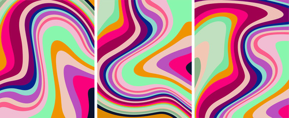 Retro colorful psychedelic abstract art template set, vector