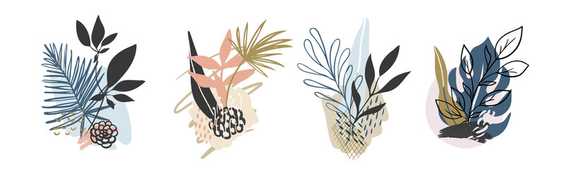 Set abstract floral background isolated on white. Vector hand draw