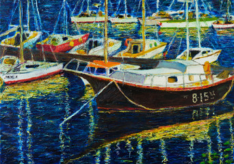 Oil on canvas. Landscape with boats on the pier. Oil paint texture