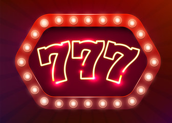 Neon 777 slots sign. Casino neon signboard. Online casino concept.