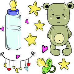 Color vector illustration with bear, toy, baby bursary, bottle, garland and stars on white background. Good for printing. Coloring book ideas. Postcard and logo elements. Isolated set.