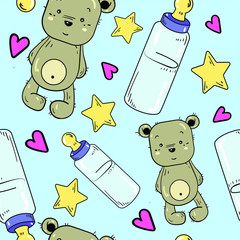 Seamless vector pattern with baby bottle, soother and bear toy on blue background. Wallpaper, fabric and textile design. Good for printing. Cute wrapping paper pattern.