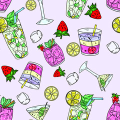 Seamless vector pattern with cocktails, lemonade, cosmopolitan, mojito and martini on pink background. Wallpaper, fabric and textile design. Good for printing. Cute wrapping paper pattern.