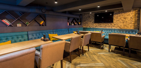 Empty restaurant with modern interior, copy space