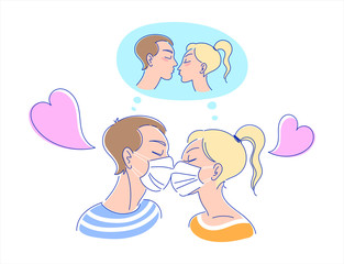 Love and relationship in the time of coronavirus romantic illustration. Couple kissing through a protective medical face masks dreaming of real kiss. Young man, woman in profile, cute cartoon hearts.