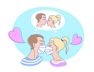 Corona virus pandemic romantic vector illustration. Kissing couple in protective medical face masks dreaming of real kiss. Young man and woman in profile, cute cartoon hearts. Simple flat line design.