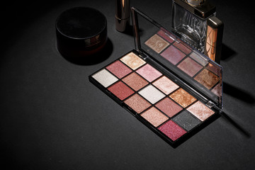 Color professional cosmetic palette on a dark background, close up