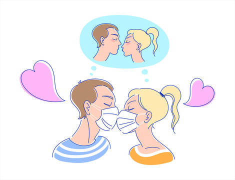 Love and relationship in the time of coronavirus romantic illustration.  Couple kissing through a protective medical face masks dreaming of real kiss. Young man, woman in profile, cute cartoon hearts.