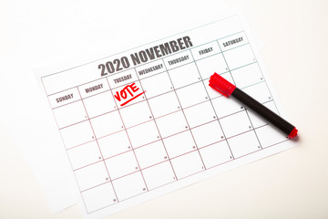 Presidential elections 2020. Text written with marker in calendar