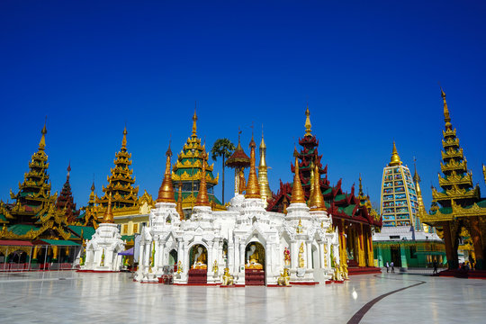 Amazing buddhism pagoda of Shwedagon which is located in Yangon. The most sacred Buddhist pagoda in Myanmar.