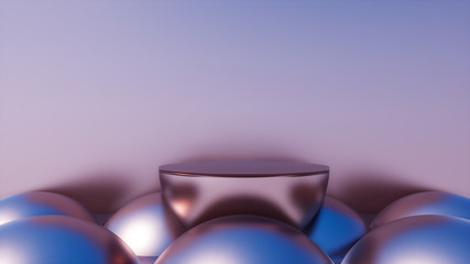 Scene with geometrical forms, copper hemispherical platform, minimal background, copper balls, 3D render