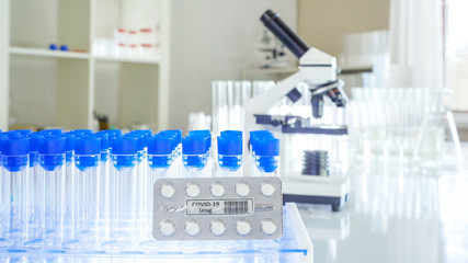 View inside the laboratory with the pack of the covid-19 drug or the coronavirus drug