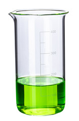 Glassware with liquids for laboratory analysis isolated on white, close up