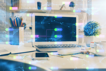 Multi exposure of desktop computer and technology theme hologram. Concept of software development.