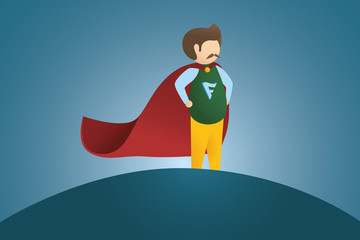 Usual man with red cape as super Hero on blue background. Happy Father's day greeting card. Modern vector in flat minimalistic style. Super Dad Super Hero.