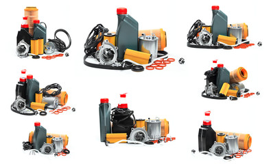Fototapeta premium set of parts for scheduled car maintenance.Oil , air , fuel filter, Water pumps motor, belt car engine for car on white background - Image