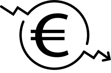 Euro rate decrease vector line icon. Money symbol with down arrow. Lower cost icon. Business lost crisis decrease vector illustration. Editable stroke