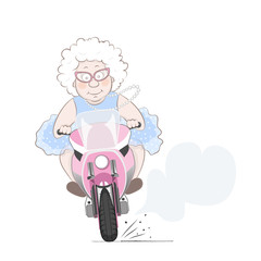 Vector illustration of a cute old lady riding a motorcycle.Cartoon character isolated on a white background.
