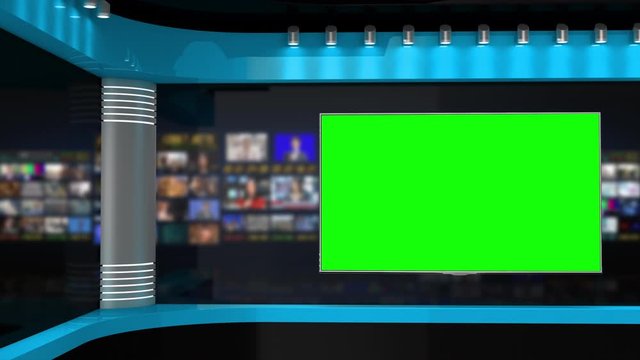 Tv Studio. Blue Studio. News studio. Blue background. Newsroom Background for News Broadcasts. Blurred of studio at TV station. News channel design. Control room. 3D rendering
