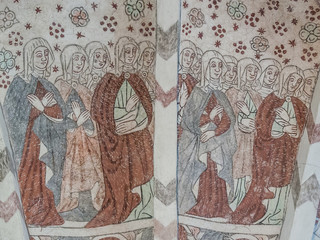a multitude of women in medieval clothing, an ancient mural-painting