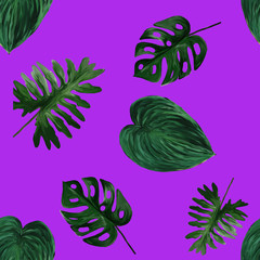 Original seamless tropical pattern with bright plants and leaves on violet background. Seamless pattern with colorful leaves of colocasia, filodendron, monstera. Exotic wallpaper. Hawaiian style