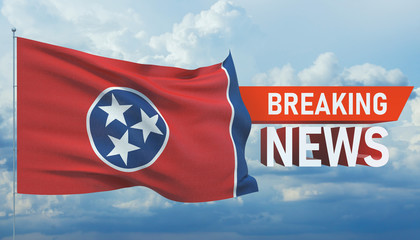 Breaking news. World news with background waving flag of the states of USA. State of Tennessee flag. Pandemic 3D illustration.