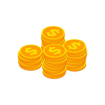 Big Isometric gold coins with dollar sign stack. 3d pile of golden money cash symbol isolated on white background. Banking, business, financial concept for web, apps, infographics. Vector illustration