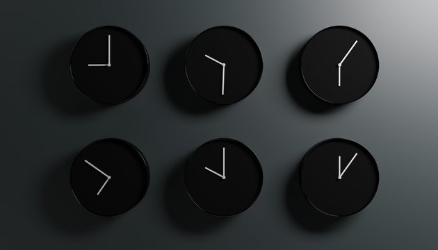 Series of black wall clocks. Modern minimalist design of a group of clocks for word time timezones. 3D render illustration.