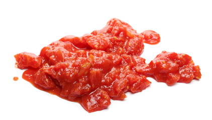 Tomato cubes, pieces organic pure texture, isolated on white background