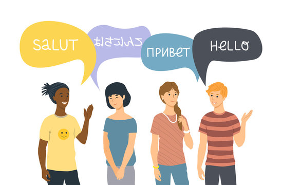 Multiethnic and multiracial relationships concept. Two happy young couples standing together and saying hello in their native languages. Vector illustration