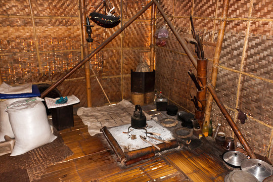 The interior of a typical Burmese bamboo shack in a poor village, Myanmar