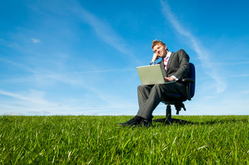 Cheerful businessman sitting outdoors in a sunny green meadow working on his laptop computer