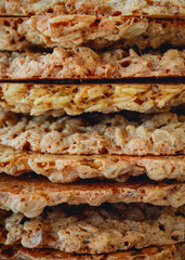 Closeup of a stack of homemade oatmeal cookies