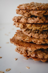 Closeup of a stack of homemade oatmeal cookies