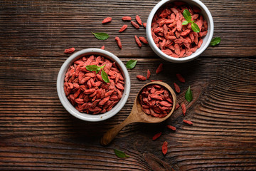 Healthy snack rich in antioxidants and vitamins for boosting immunity, dried Goji berry in a bowl and scoop